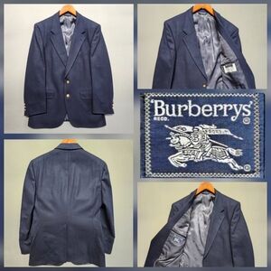 Vintage Burberry Men's Navy Blue Wool Blazer Sport Coat Gold Logo Buttons 40R